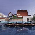 Modern Sales Office Building With Pedestrian Bridge Reflective Water Greenery And Evening Lighting