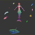 Blue Skinned Mermaid With Green Purple Tail Surrounded By Colorful Fish And Blue Starfish