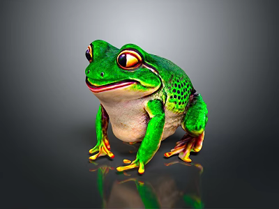 Green Spotted Frog With Yellow Eyes And Toes On Dark Background With Reflection 3d model