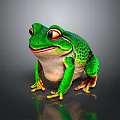 Green Spotted Frog With Yellow Eyes And Toes On Dark Background With Reflection