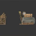 Military Supply Setup With Wooden Crates Oil Drums Tent And Stacked Wooden Planks