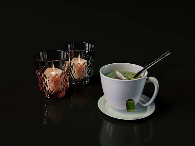 White Cup With Tea Bag on Saucer With Spoon Near Glass Candle Holders Black Background 3d model