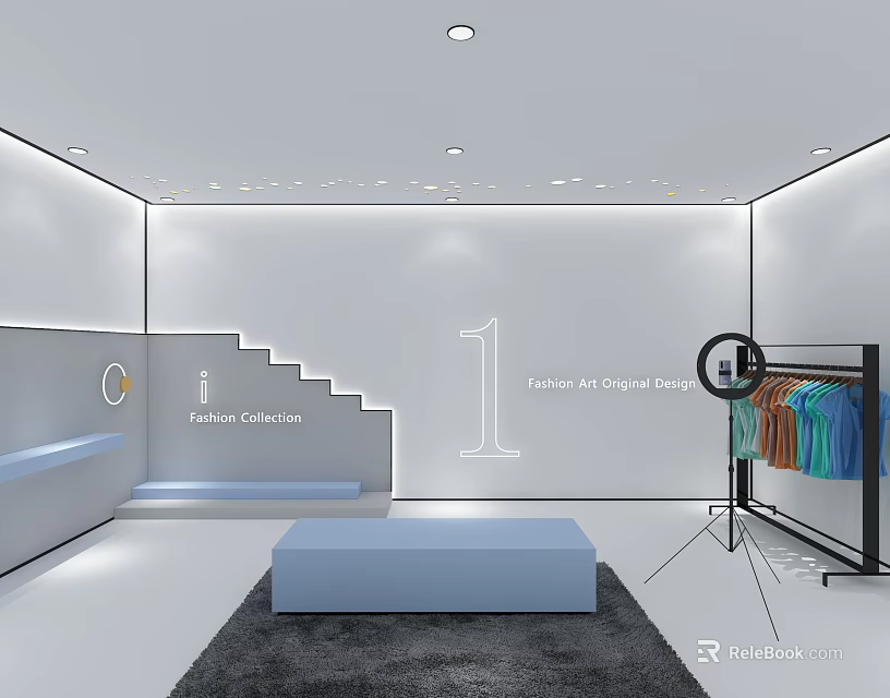 Public Office Space With White Interior Staircase Digital Design And Blue Bench 3d model