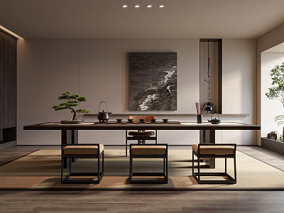 Modern Tea Room Interior With Long Table Stools Bonsai And Art 3d model