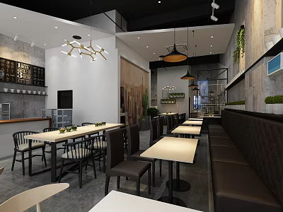 Modern Restaurant Interior With Dining Tables Chairs Pendant Lights Booth Seats And Green Plants 3d model