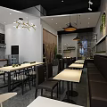 Modern Restaurant Interior With Dining Tables Chairs Pendant Lights Booth Seats And Green Plants