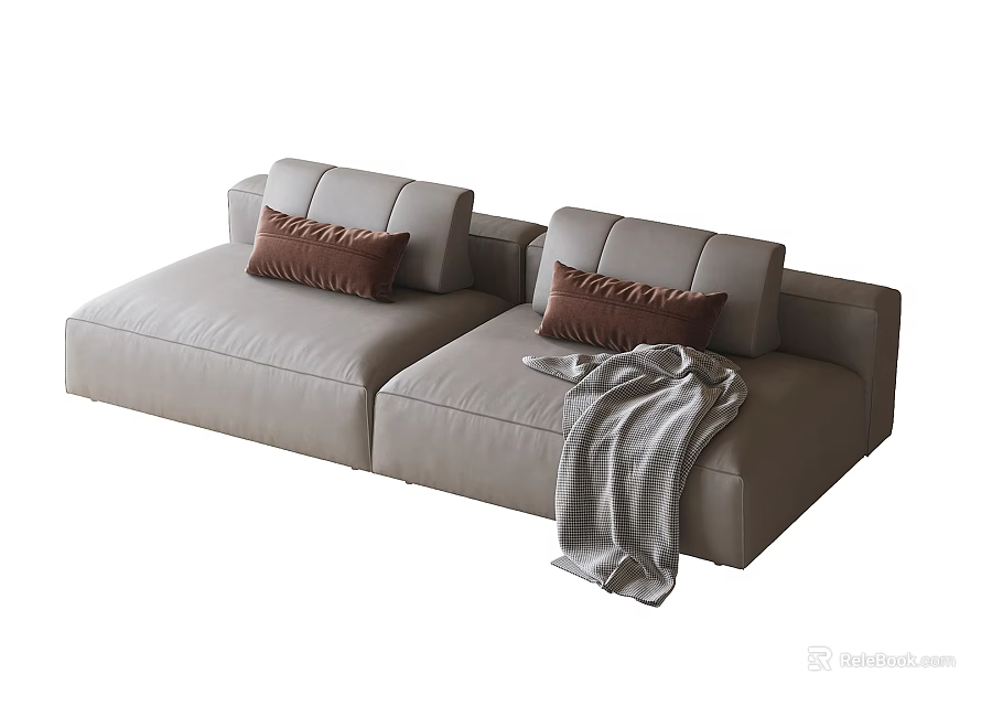 Modern Light Gray Two Seater Sofa With Dark Brown Cushions And Gray Blanket 3d model 