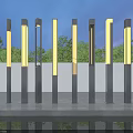Modern Tall Vertical Outdoor Lights Illuminated In Garden With Trees And Water