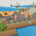 3D Rendered Coastal Scene Featuring Small Houses Wooden Dock Sailing Ship And Island