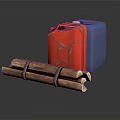 Red And Blue Fuel Canisters With Bundled Firewood For Daily Household Use