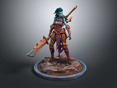 Blue Skinned Fantasy Warrior Holding Flaming Lava Sword With Red Orange Armor On Rocky Base 3d model