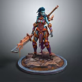 Blue Skinned Fantasy Warrior Holding Flaming Lava Sword With Red Orange Armor On Rocky Base