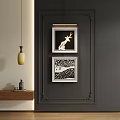 Abstract Paintings On Dark Wall With Decorative Frames Wooden Shelf And Pendant Light