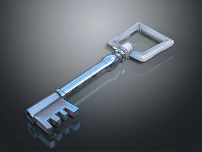 Shiny Metal Key With Square Head And Reflection On Dark Surface 3d model
