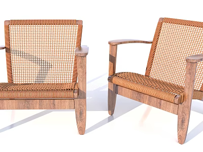 Pair of Wicker Lounge Chairs With Wooden Frame And Armrest Design 3d model