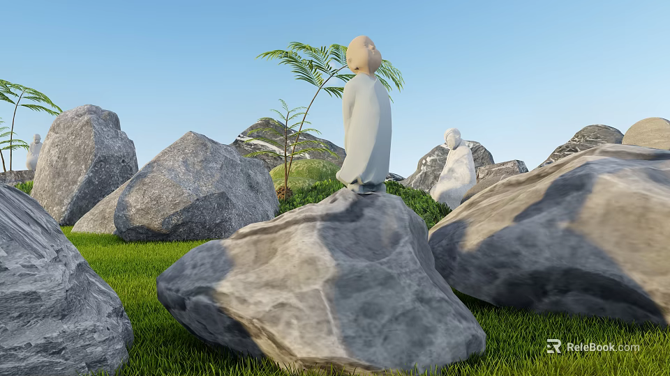 Garden Ornaments Featuring Statue Figures On Large Rocks With Green Grass And Palm Tree 3d model 