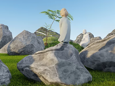 Garden Ornaments Featuring Statue Figures On Large Rocks With Green Grass And Palm Tree 3d model