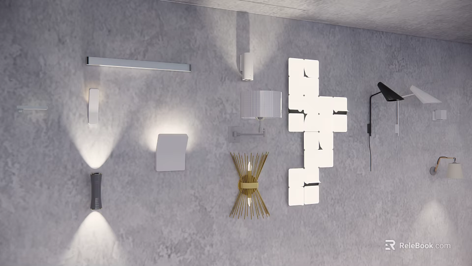 Modern Wall Lamps in Various Styles Mounted on Gray Wall with Decorative Designs 3d model 