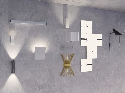 Modern Wall Lamps in Various Styles Mounted on Gray Wall with Decorative Designs 3d model