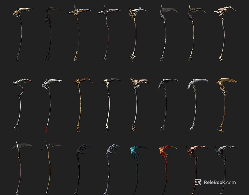 Various Stylish Sickle Weapons With Diverse Colorful Handle And Blade Designs 3d model 
