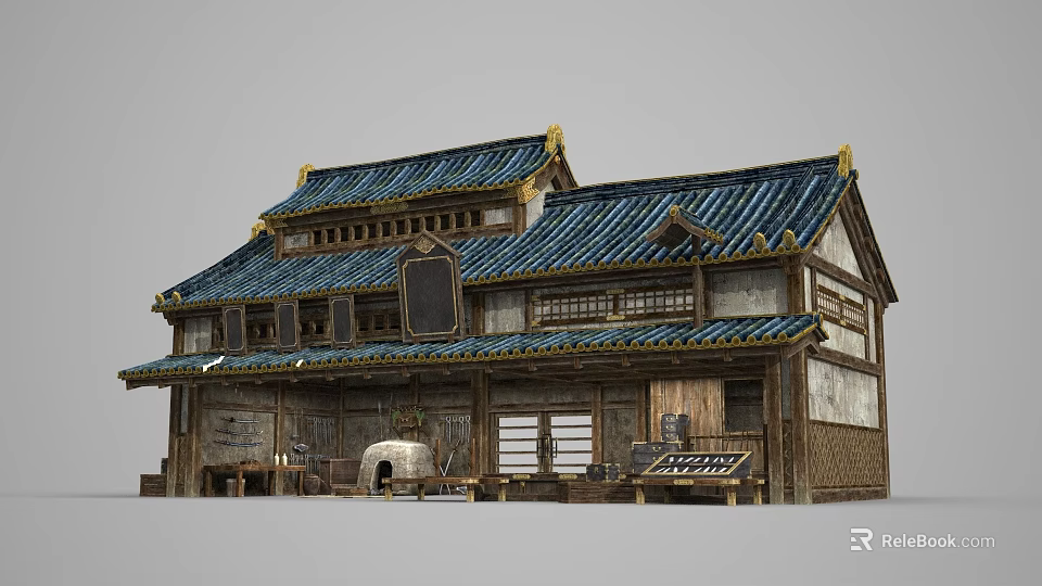 Traditional Ancient Architecture Featuring Blue Tiled Roof Golden Eaves And Wooden Details 3d model 
