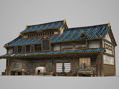 Traditional Ancient Architecture Featuring Blue Tiled Roof Golden Eaves And Wooden Details 3d model