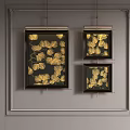 Three Abstract Paintings With Black Frames And Gold Leaf Patterns On Gray Wall 3d model