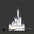 Decorative White Castle Model With Purple Spires Blue Flag On Sandy Base