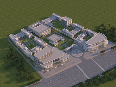 Modern Industrial Factory Building Complex With Green Lawn Parking Area And Central Plaza 3d model