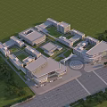 Modern Industrial Factory Building Complex With Green Lawn Parking Area And Central Plaza
