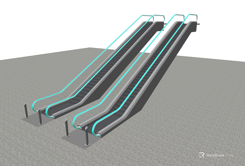 Two Parallel Escalators With Blue Handrails And Metal Steps Modern Design 3d model 