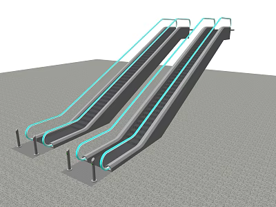 Two Parallel Escalators With Blue Handrails And Metal Steps Modern Design 3d model