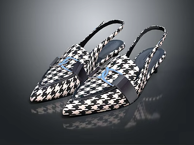 Black And White Houndstooth Pointed Toe Slingback Mules With Blue Bow Detail 3d model