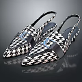 Black And White Houndstooth Pointed Toe Slingback Mules With Blue Bow Detail 3d model