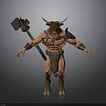 Mythical Bull Warrior Character With Muscular Build Holding Giant Hammer And Armor