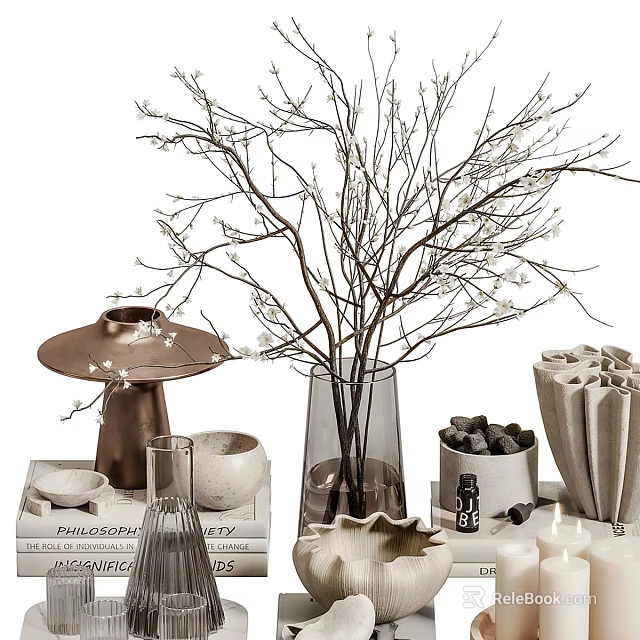 Stylish Decorative Ornament Set With Glass Vase Branches Metal Candle Holder Ceramic Bowls And Books 3d model 