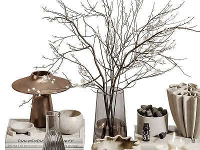 Stylish Decorative Ornament Set With Glass Vase Branches Metal Candle Holder Ceramic Bowls And Books 3d model