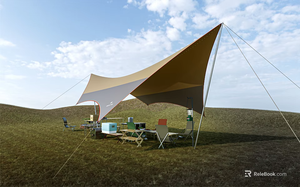 Tan Tensile Membrane Shade Structure For Outdoor Grassland With Picnic Tables And Chairs 3d model 