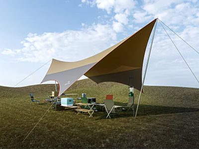 Tan Tensile Membrane Shade Structure For Outdoor Grassland With Picnic Tables And Chairs 3d model