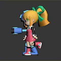 Cute Game Characters Blue Robot And Yellow Haired Girl With Green Bow In Pink Dress