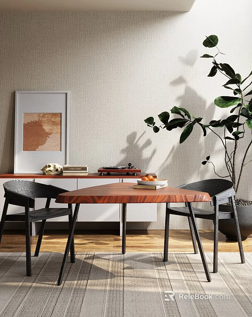 Modern Indoor Table And Chairs With Wooden Top Black Seats Wall Art And Plant 3d model 