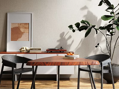 Modern Indoor Table And Chairs With Wooden Top Black Seats Wall Art And Plant 3d model