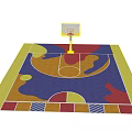 Park Landscape Featuring Colorful Basketball Court With Yellow Hoop And Patterned Floor