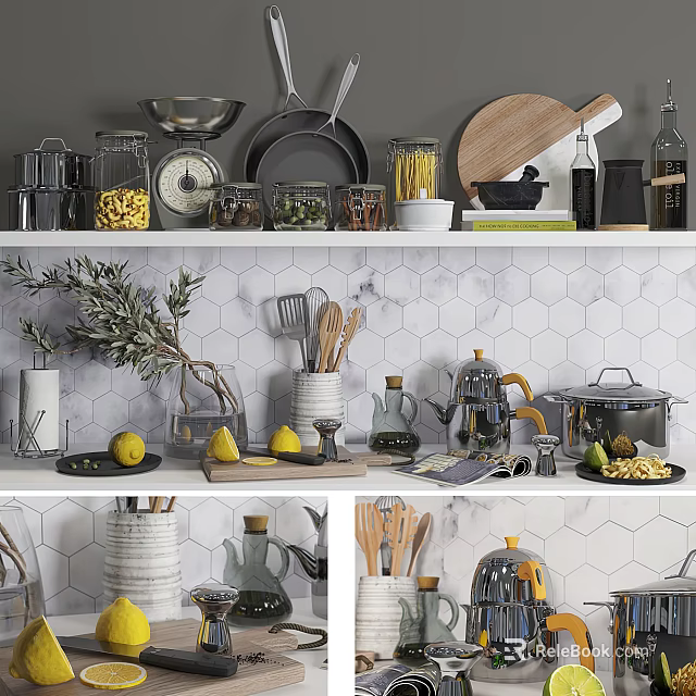 Modern Kitchen Utensils And Cookware On Open Shelves With Hexagonal Tile Backsplash 3d model