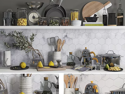 Modern Kitchen Utensils And Cookware On Open Shelves With Hexagonal Tile Backsplash 3d model