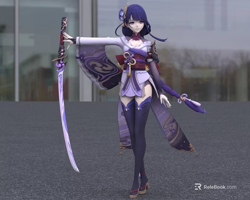 Game and Movie Character With Purple Hair Holding Long Sword In Purple White Outfit 3d model 