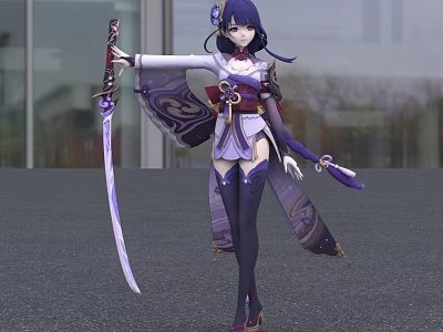 Game and Movie Character With Purple Hair Holding Long Sword In Purple White Outfit 3d model