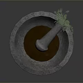 Traditional Stone Mortar and Pestle with Carved Rim and Trailing Green Plants for Home Living