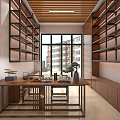 Chinese Style Tea Store with Wooden Shelves Circular Tea Character Decoration Long Table and Stools