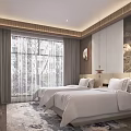 Modern Hotel Guest Room With Twin Beds White Sheets Wooden Walls Large Windows And Curtains